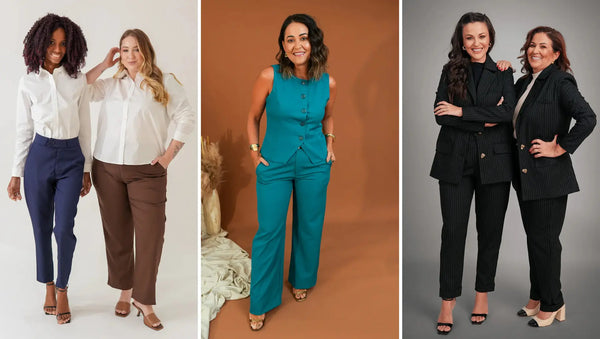 Três imagens, lado a lado, de modelos usando looks de alfaiataria da Elaz.