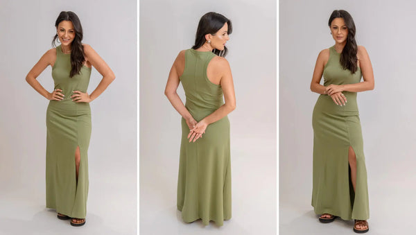 Três imagens, lado a lado, de modelo vestindo o vestido verde Emily, da Elaz. A peça possui pequena fenda no joelho e ombros à mostra, ótima opção de roupa de madrinha para batizado.