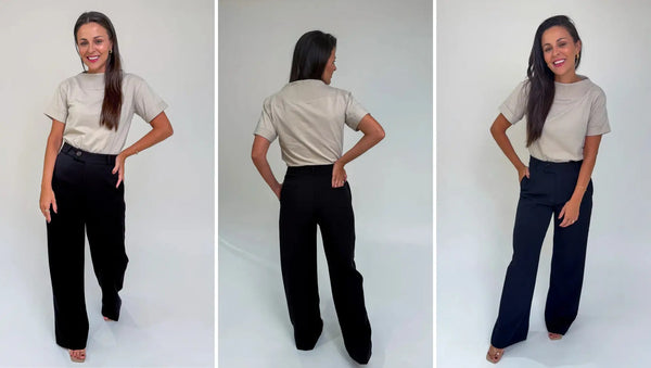 Três imagens de modelo usando calça alfaiataria preta e blusa casual branca.