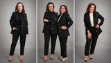 Três imagens, lado a lado, de modelos vestindo looks para trabalho com peças da Elaz. As mulheres vestem blazer preto e calça preta.