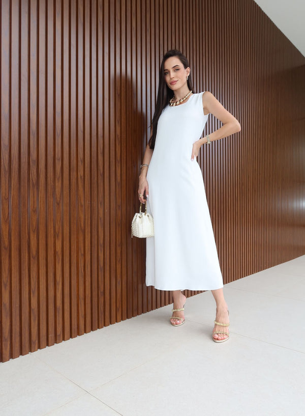 Vestido Valentina Longo Decote Quadrado Branco