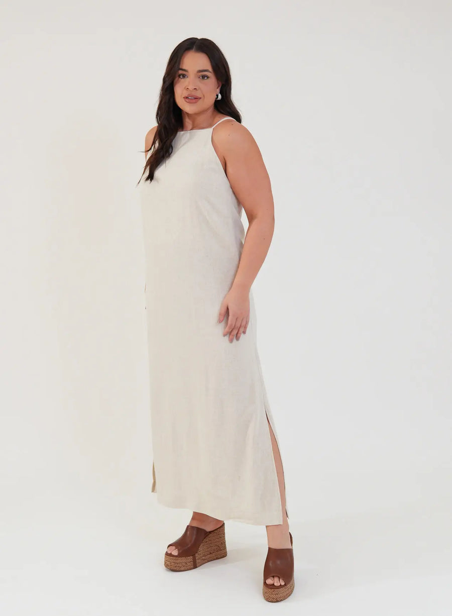 Vestido Midi Viscose com Linho Aurora Bege Natural