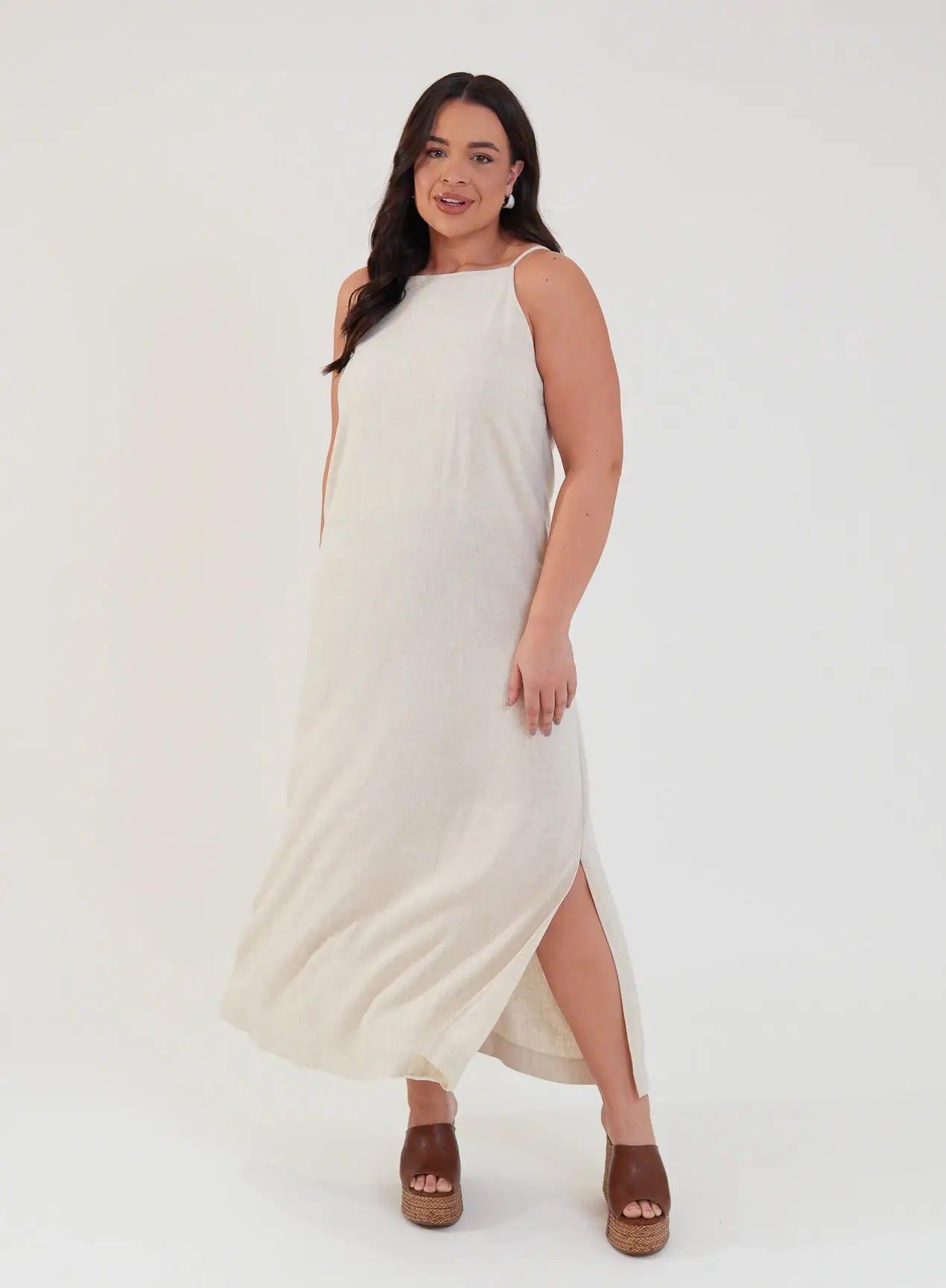 Vestido Midi Viscose com Linho Aurora Bege Natural