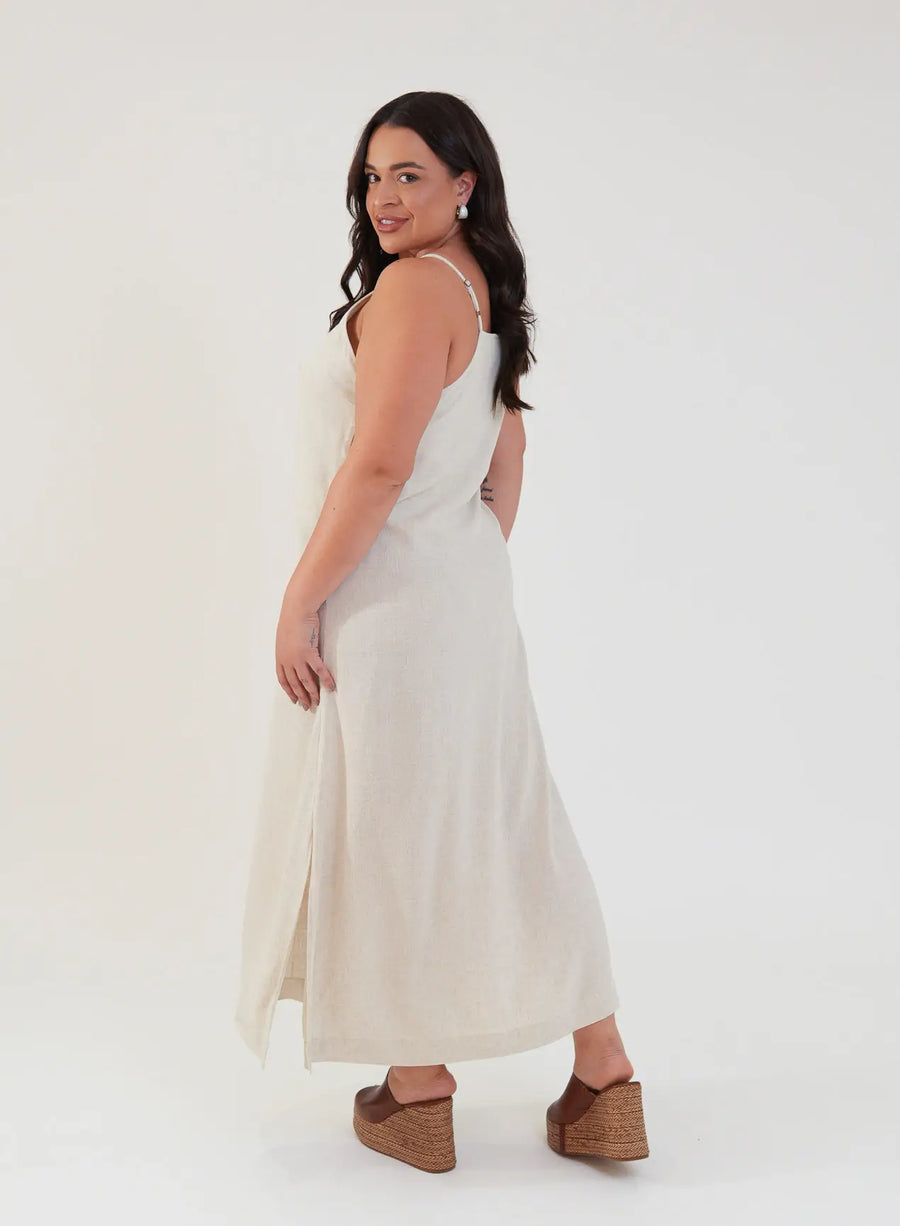 Vestido Midi Viscose com Linho Aurora Bege Natural