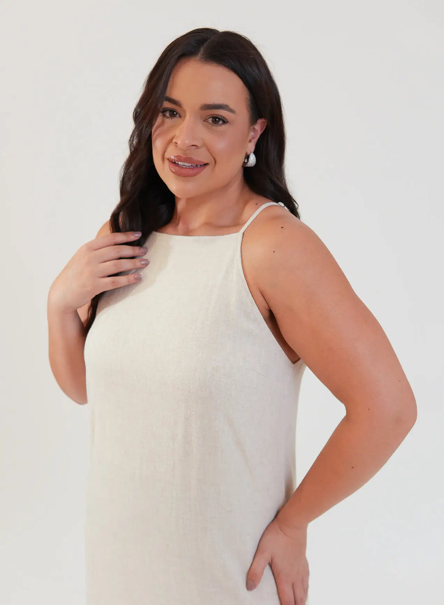 Vestido Midi Viscose com Linho Aurora Bege Natural