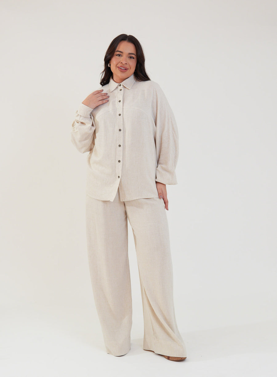 Camisa Oversized Viscose com Linho Yara Bege Natural