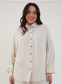 Camisa Oversized Viscose com Linho Yara Bege Natural