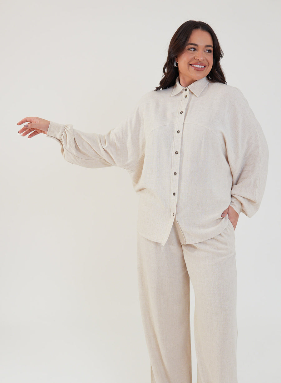 Camisa Oversized Viscose com Linho Yara Bege Natural