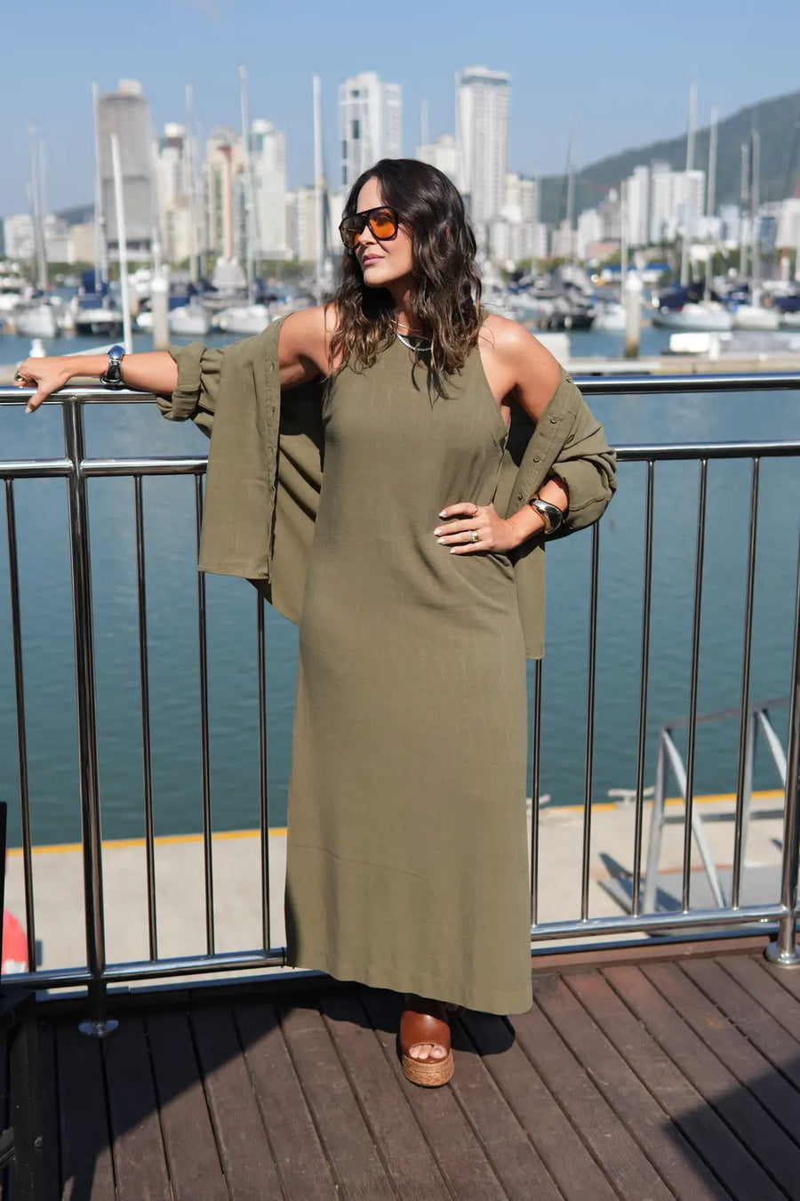 Vestido Midi Viscose com Linho Aurora Verde