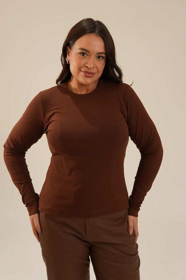 Blusa Viscose Manga Longa Marrom Adriana