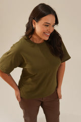 Camiseta Detalhe Franzido na Cintura Verde Militar Daniela