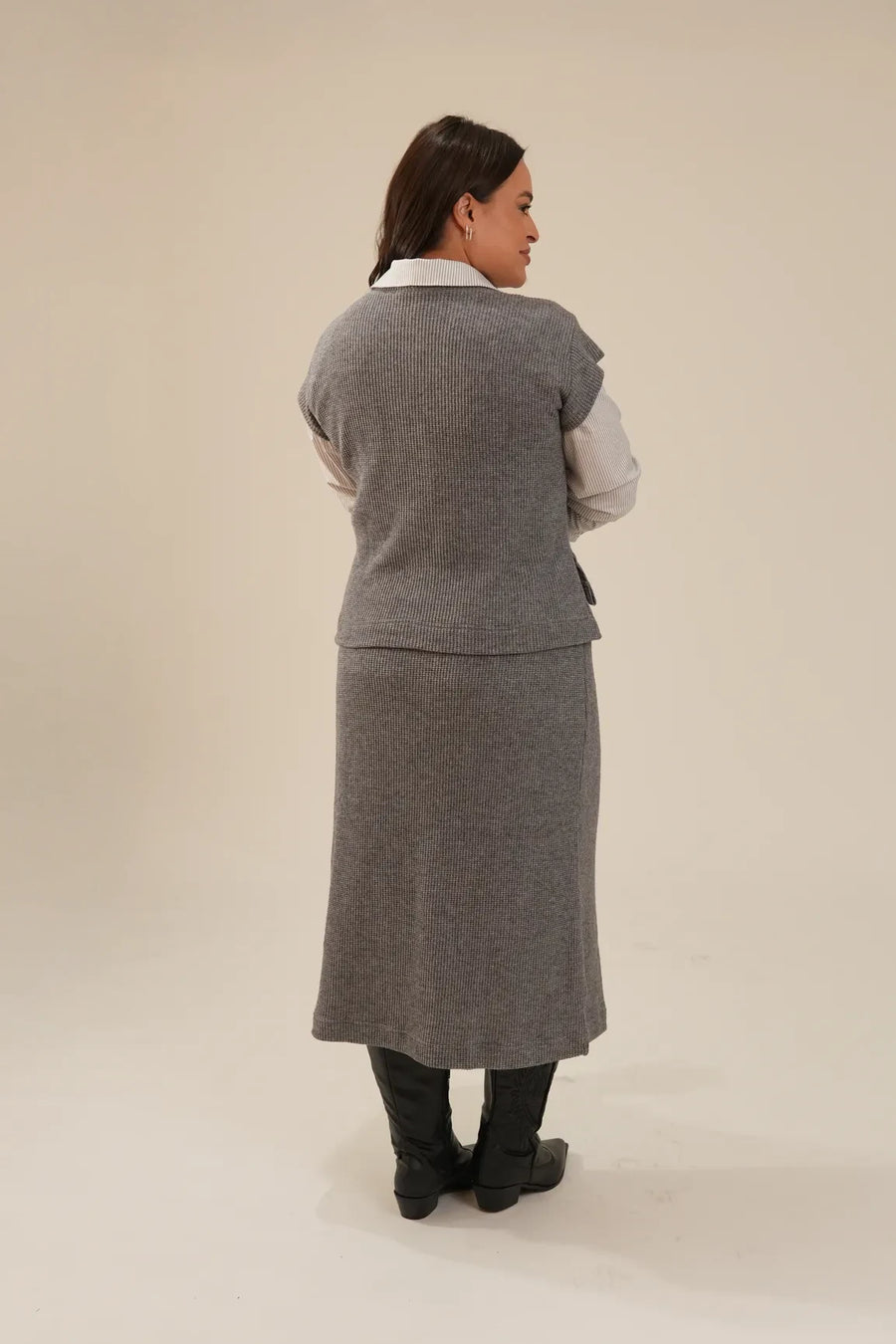 Saia Midi Tricot Cinza Vic