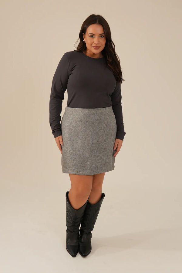 Saia Curta Alfaiataria Cinza Mescla Camila