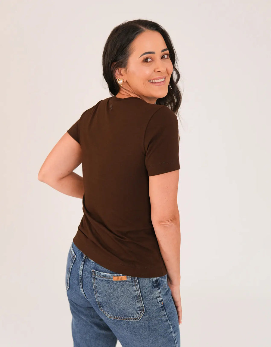 T-shirt Feminina Algodão com Elastano Nina - Marrom