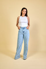 Calça Jeans Claro Pantalona Feminina Camille