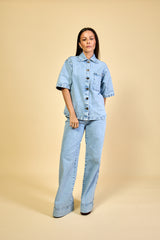 Camisa Jeans Claro Feminina Manga Curta Camille