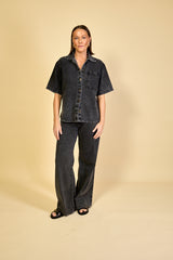 Camisa Jeans Preta Feminina Manga Curta Camille