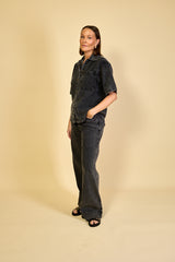 Camisa Jeans Preta Feminina Manga Curta Camille