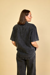 Camisa Jeans Preta Feminina Manga Curta Camille