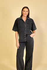 Camisa Jeans Preta Feminina Manga Curta Camille