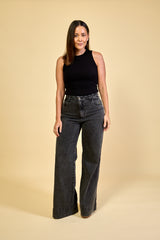 Calça Jeans Preta Pantalona Feminina Camille