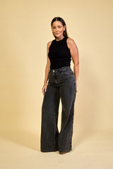 Calça Jeans Preta Pantalona Feminina Camille