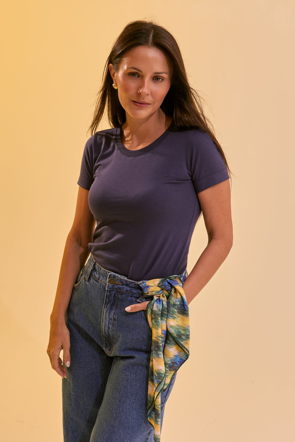 T-shirt Feminina Algodão com Elastano Nina - Marinho