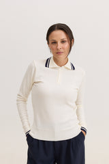 Blusa de Tricot Feminina com Gola Polo Nency - Off White com Marinho