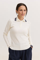 Blusa de Tricot Feminina com Gola Polo Nency - Off White com Marinho