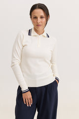 Blusa de Tricot Feminina com Gola Polo Nency - Off White com Marinho