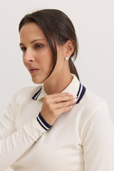Blusa de Tricot Feminina com Gola Polo Nency - Off White com Marinho