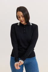 Blusa de Tricot Feminina com Gola Polo Nency - Preta com Off White