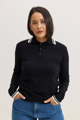 Blusa de Tricot Feminina com Gola Polo Nency - Preta com Off White