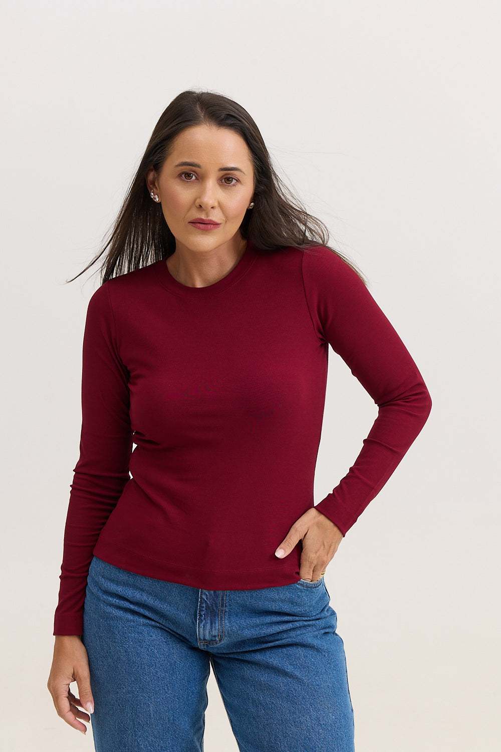 Blusa Feminina em Malha de Viscose Manga Longa Adriana - Vinho