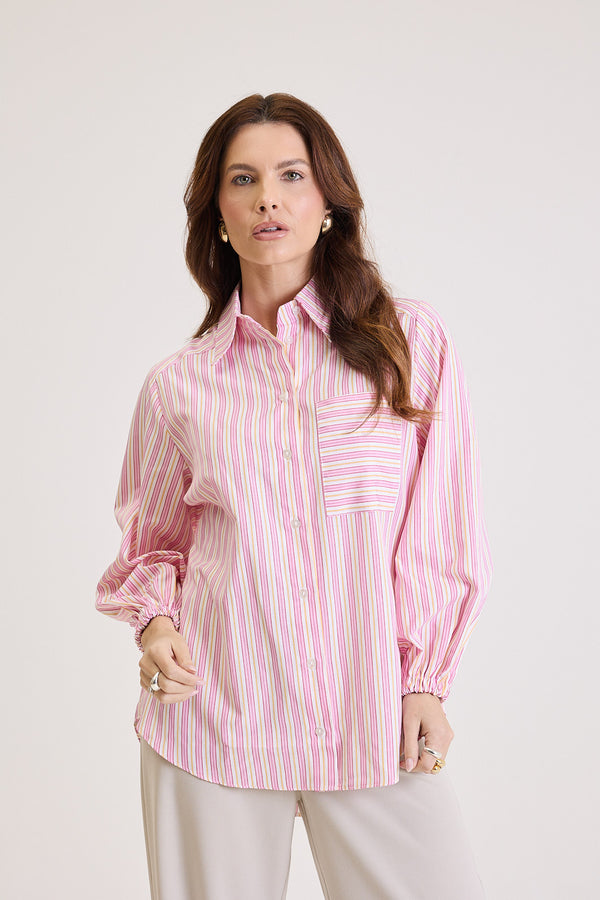 Camisa Feminina Listrada Oversized Riviera - Rosa