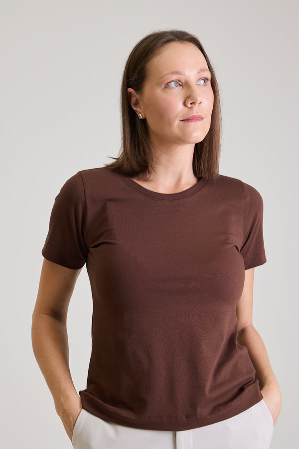 T-shirt Feminina Algodão com Elastano Nina - Marrom