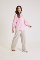 Camisa Feminina Listrada Oversized Riviera - Rosa