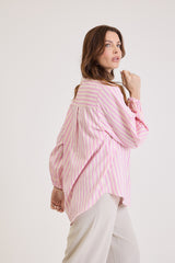 Camisa Feminina Listrada Oversized Riviera - Rosa