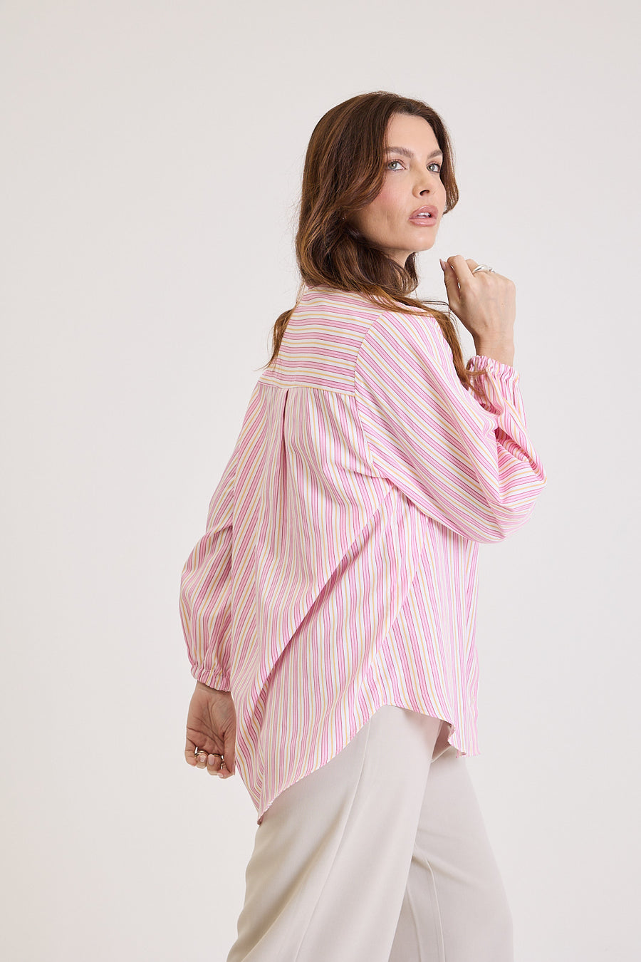 Camisa Feminina Listrada Oversized Riviera - Rosa