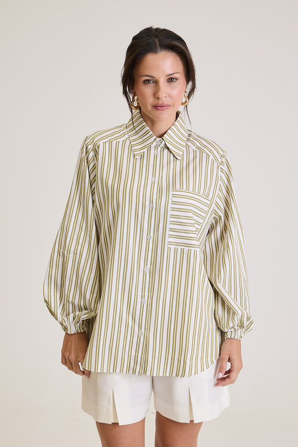 Camisa Feminina Listrada Oversized Riviera - Verde