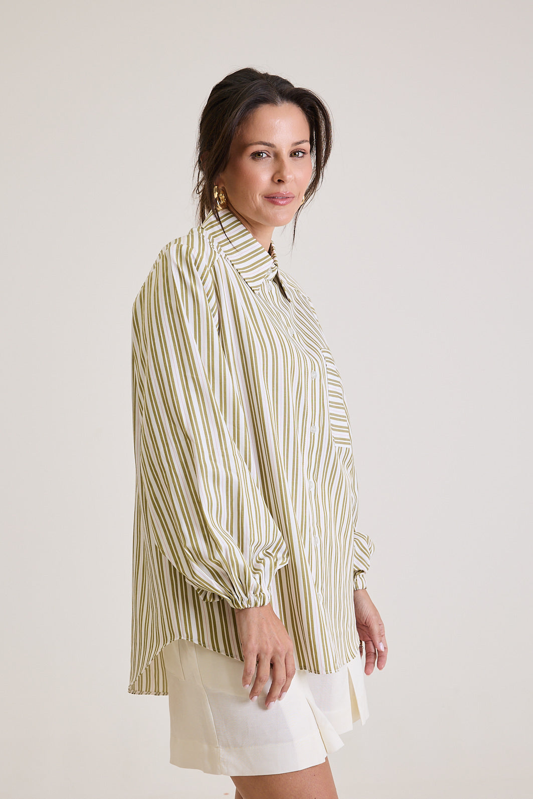 Camisa Feminina Listrada Oversized Riviera - Verde