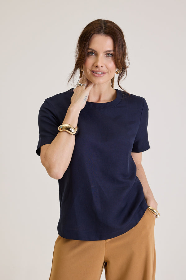 Blusa Feminina Manga Curta Em Linho Rosalie - Marinho