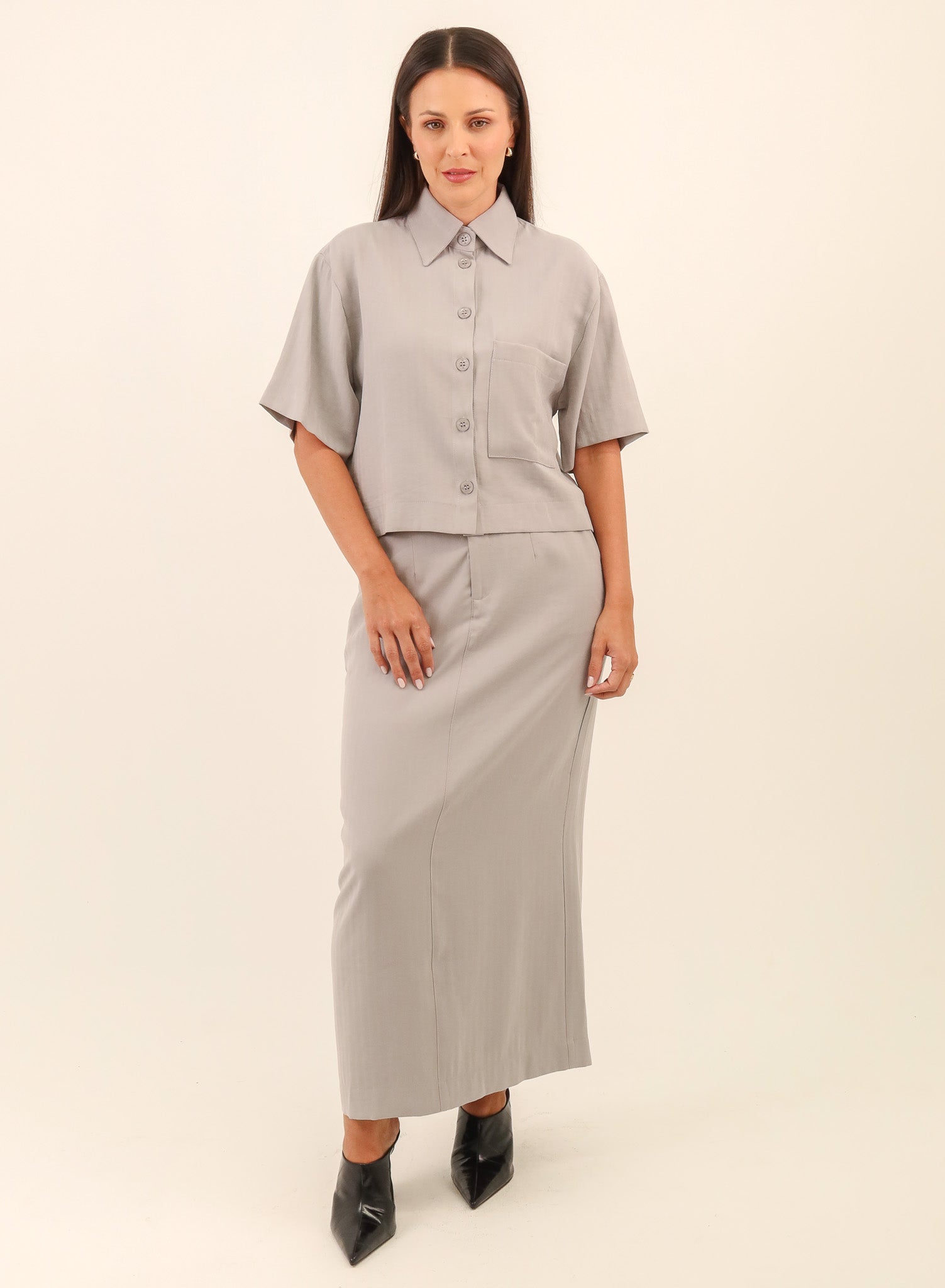 Saia Midi Viscose Mavie - Cinza Médio