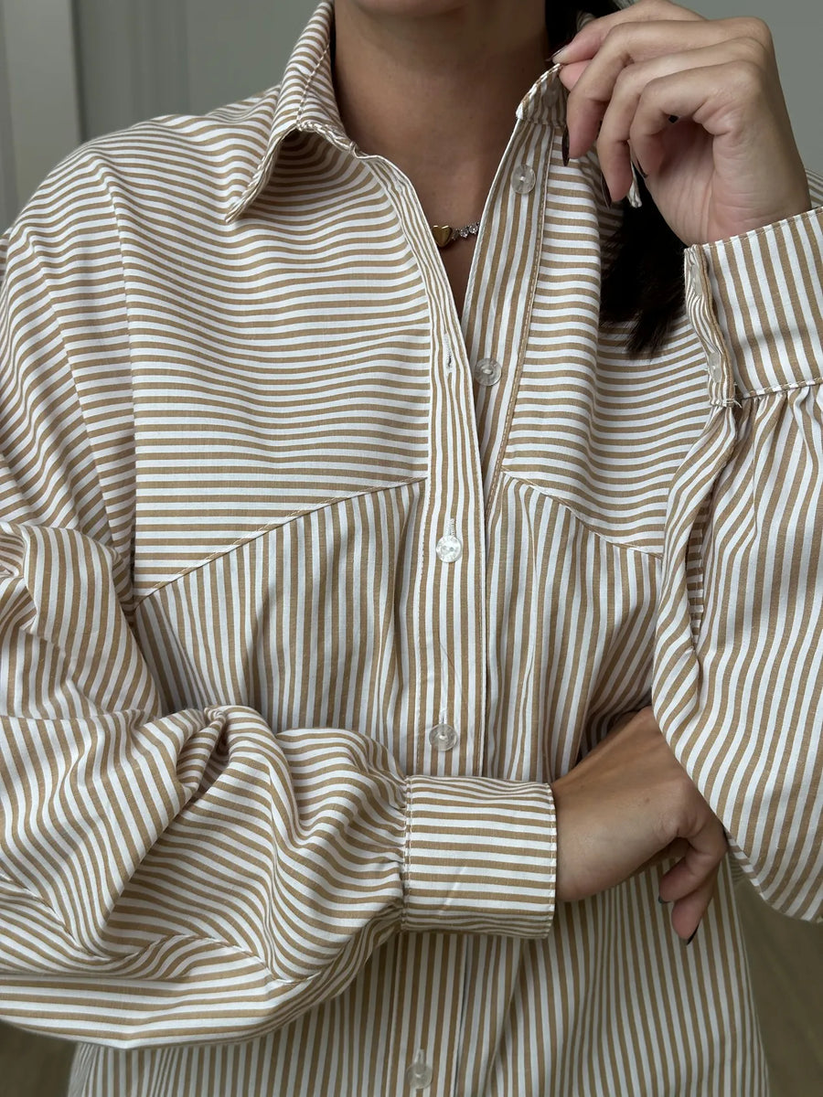 Camisa Ampla Listrada Bege Sierra