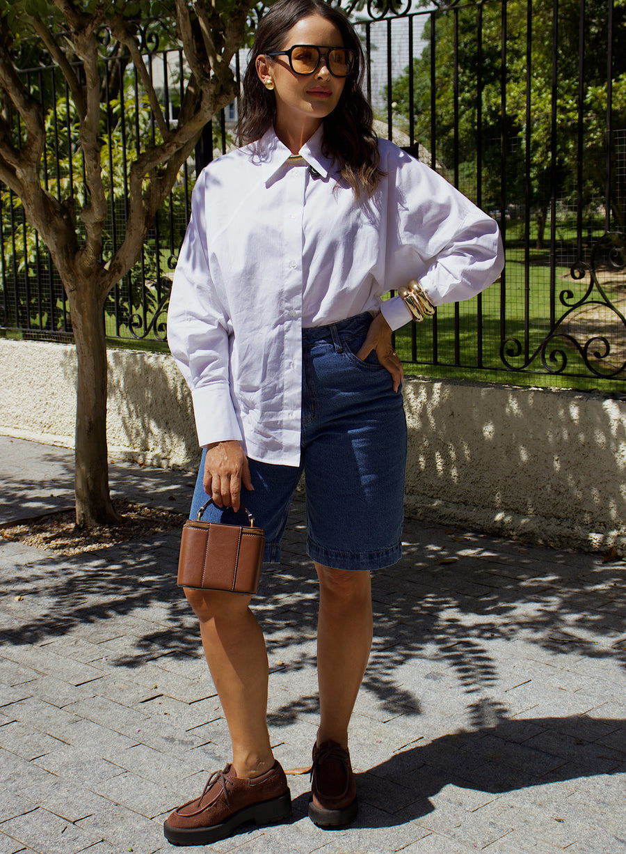 Camisa Social em Tricoline Branca Flora