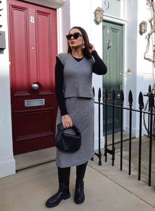 Saia Midi Tricot Cinza Vic
