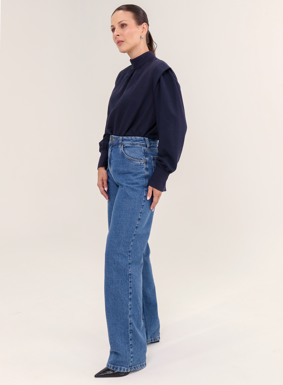 Blusa Tecido Plano Gola Alta Magy - Marinho