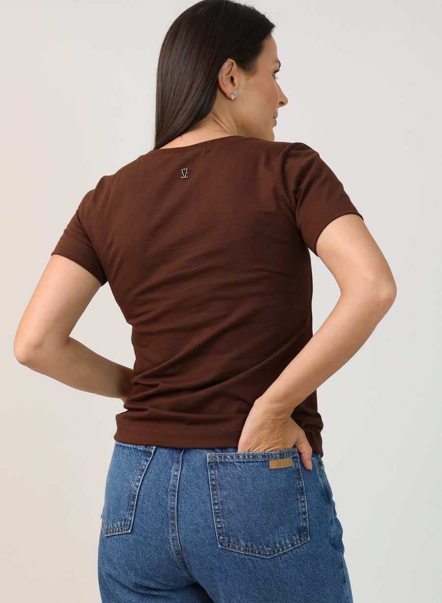 T-shirt Feminina Algodão com Elastano Nina - Marrom