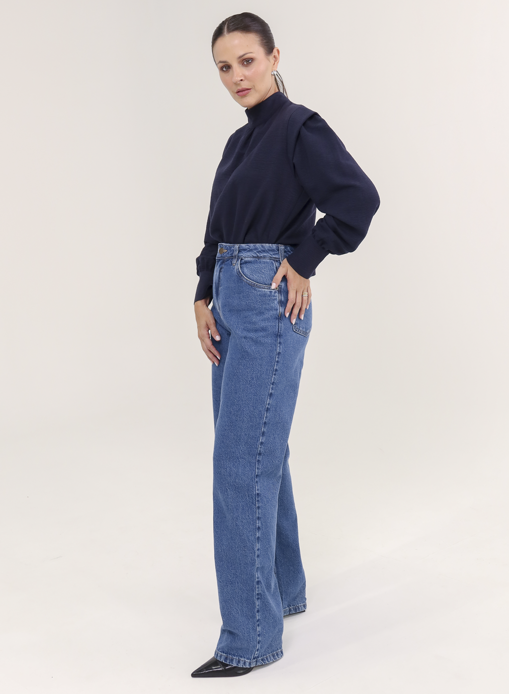 Blusa Tecido Plano Gola Alta Magy - Marinho