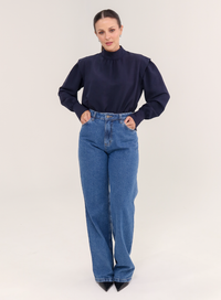 Blusa Tecido Plano Gola Alta Magy - Marinho